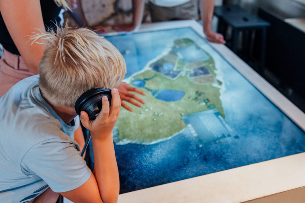 A boy is looking on a map of the island of Ven