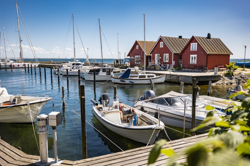 I Bäckvikens hamn finns det fritidsbåtar och tre små röda hus i trä